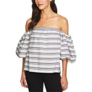 1. State Puff Sleeve Gray & White Stripe Off the Shoulder Top! 🔥